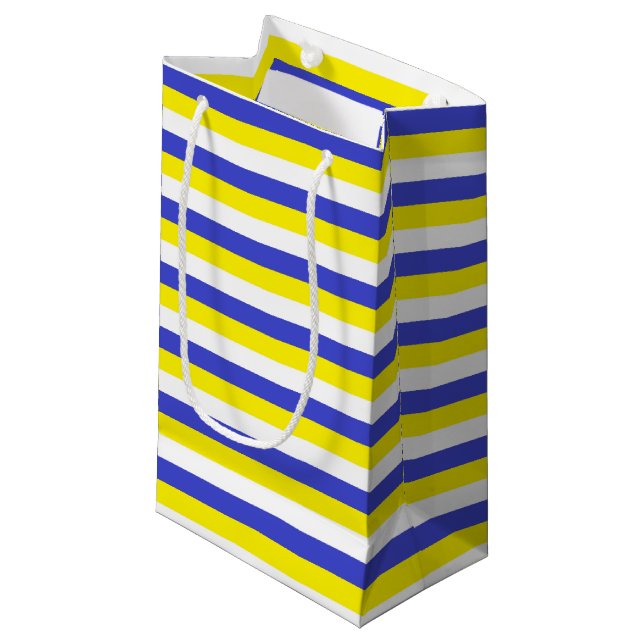 Blau, Gelb und Weiß Streifen Kleine Geschenktüte (Vorderseite Schrägansicht)