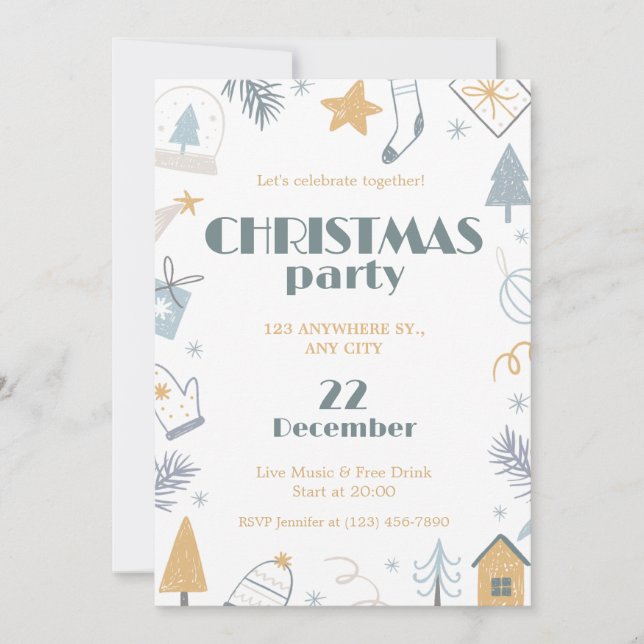 Blau-Gelb Weißes Einfaches Weihnachtsfest-Party Einladung (Vorderseite)