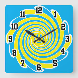 Blau & Gelb Wirbel Glückliches Gesicht Quadratische Wanduhr