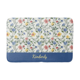 Blau Gelbe Aquarell-Wildblumen-Monogramm-Name Badematte