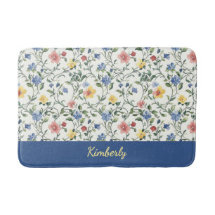 Blau Gelbe Aquarell-Wildblumen-Monogramm-Name Badematte
