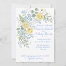 Blau-gelbe Baby-Shower-Einladung mit floralen Moti