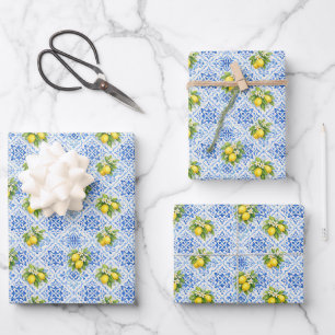 Blau Gelbe Mittelmeerfliesen Zitronen Italienisch  Geschenkpapier Set