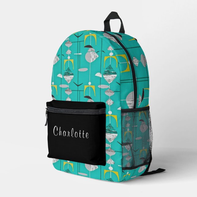 Blau-gelbe schwarze Mitte Jahrhundert Moderne Bedruckter Rucksack (Rückseitige Ecke Rechts)