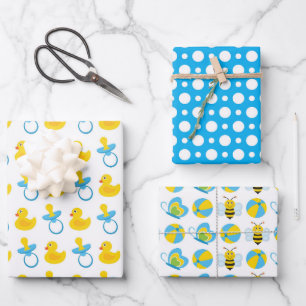 BLAU-GELBE-WEISSE BABY-ELEMENTE GESCHENKPAPIER SET