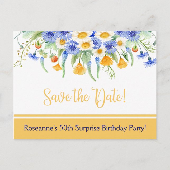 Blau-gelbe weiße Wildblumen Save the Date Ankündigungspostkarte (Vorderseite)