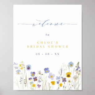 Blau-gelbe Wildblumen Brautparty Empfang Poster