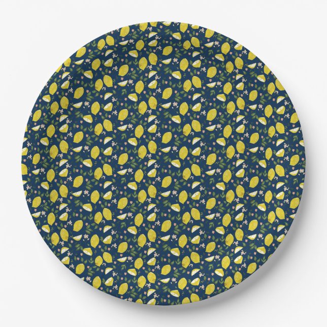 Blau gelbe Zitrone Frucht hell Sommer Pappteller (Vorderseite)
