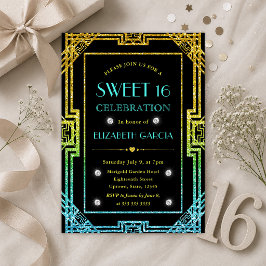 Blau-gelber Glitzer Art Deco Rahmen Sweet 16 Einladung