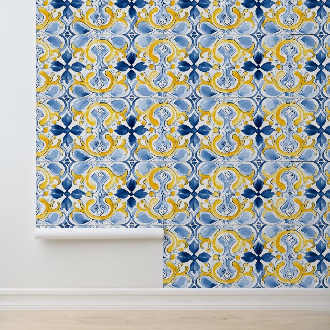Blau-gelber Marmor mit mediterranen Fliesen Tapete (Anwendung)
