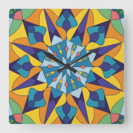 Blau-gelbes fraktales geometrisches Muster Quadratische Wanduhr