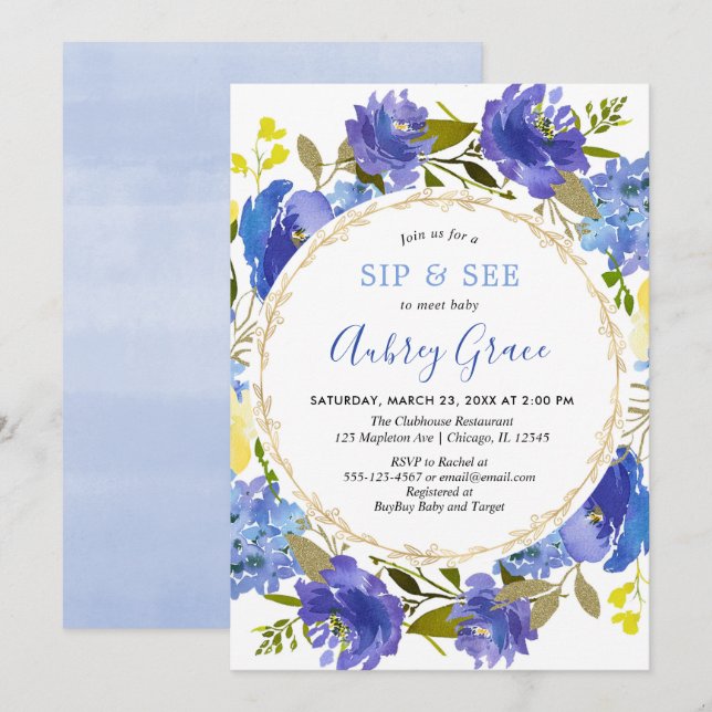 Blau gelbes Gold elegante Blumensip und See Einladung (Vorne/Hinten)