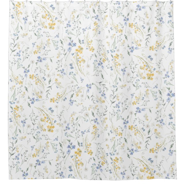 Blau Gelbes Wildblumenmuster Duschvorhang (Vorderseite)