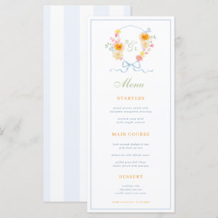 Blau gestreifte & florale Wappen Hochzeitsmenükart Menükarte