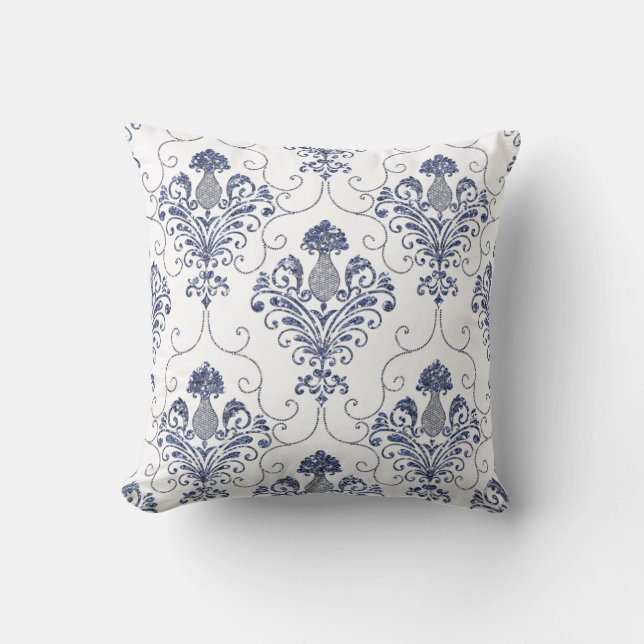 Blau Glitzer Damask Reversible Throw Kissen (Vorderseite)