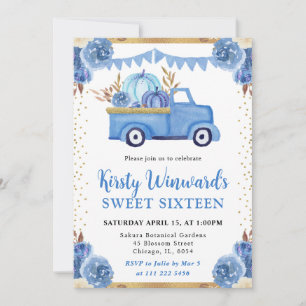 Blau Gold Floral Kürbis LKW Herbst Süß 16 Einladung