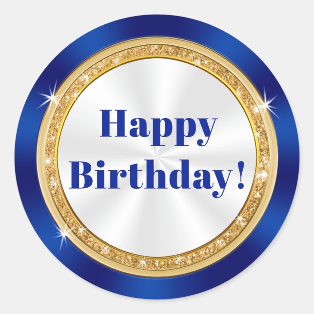 Blau, Gold Glitzer Look, Happy Birthday Stickers (Vorderseite)