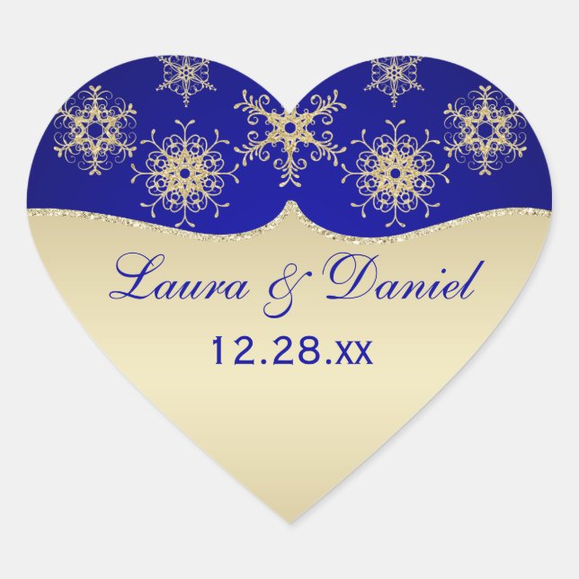 Blau, Gold Glitzer schauen Snowflake Hochzeitstick Herz-Aufkleber (Vorderseite)