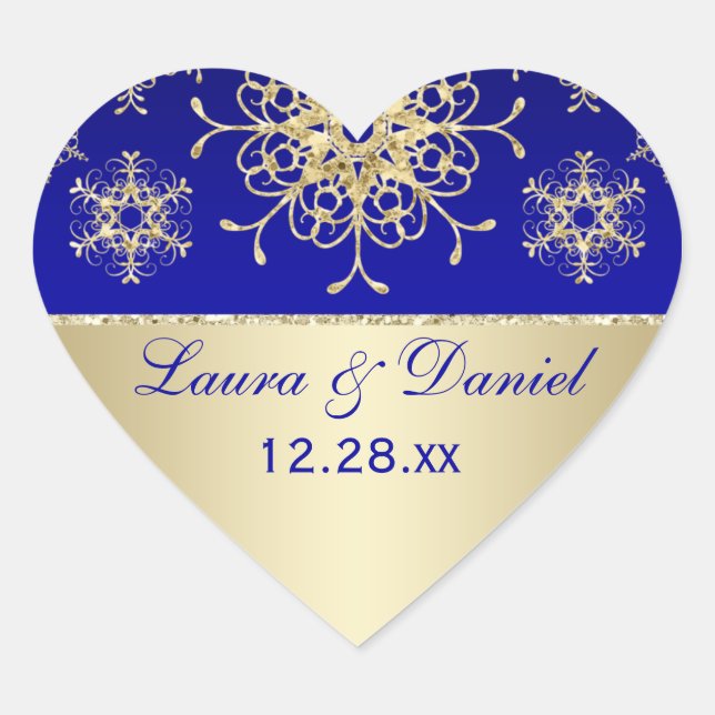 Blau, Gold Glitzer schauen Snowflake Hochzeitstick Herz-Aufkleber (Vorderseite)