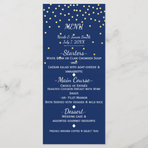 Blau & Gold kleine Konfetti-Hochzeitsmenükarte Menükarte