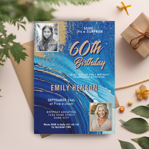 Blau Gold Marmor Glitter 2 Foto 60. Geburtstag Einladung