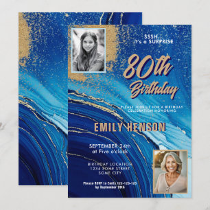 Blau Gold Marmor Glitter 2 Foto 80. Geburtstag Einladung