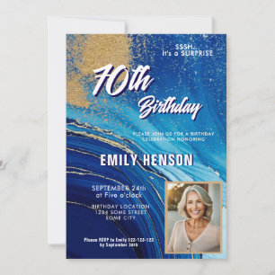 Blau Gold Marmor Glitter Foto 70. Geburtstag Einladung