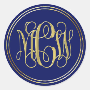 Blau Gold Preppy Vine Script Monogramm DIY BG Runder Aufkleber