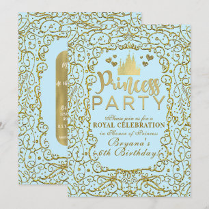 Blau & Gold Royal Schloss Prinzessinnen-Party Gebu Einladung