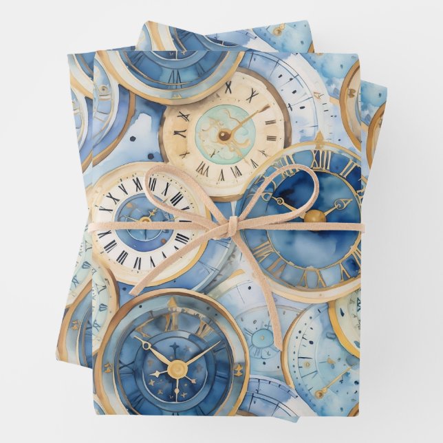 Blau-Gold-Uhr-Muster Geschenkpapier Set (Beispiel)