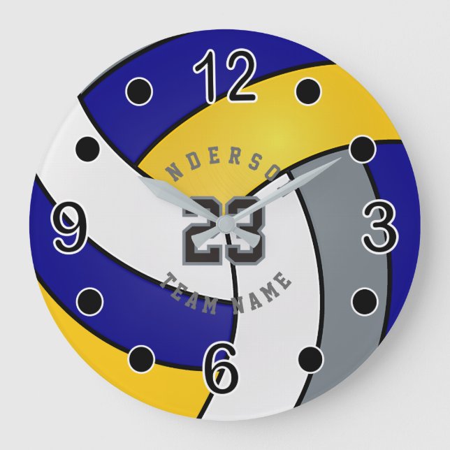 Blau, Gold und Weiß Volleyball-Stil mit DIY Text Große Wanduhr (Vorderseite)