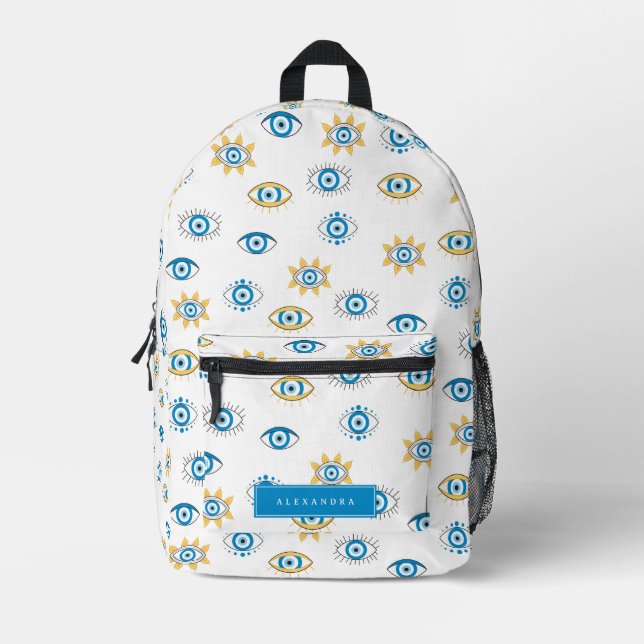 Blau-, Gold- und Weißgriechisch-Auge-Mati-Muster Bedruckter Rucksack (Vorderseite)