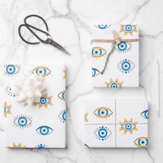 Blau-, Gold- und Weißgriechisch-Auge-Mati-Muster Geschenkpapier Set (Vorderseite)