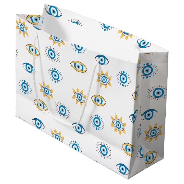 Blau-, Gold- und Weißgriechisch-Auge-Mati-Muster Große Geschenktüte (Vorderseite Schrägansicht)