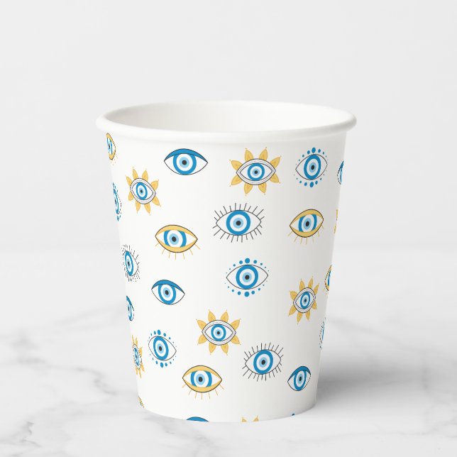 Blau-, Gold- und Weißgriechisch-Auge-Mati-Muster Pappbecher (Vorderseite)