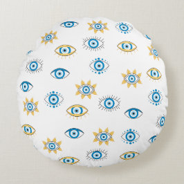 Blau-, Gold- und Weißgriechisch-Auge-Mati-Muster Rundes Kissen