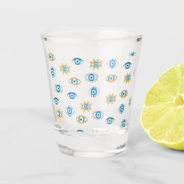 Blau-, Gold- und Weißgriechisch-Auge-Mati-Muster Schnapsglas