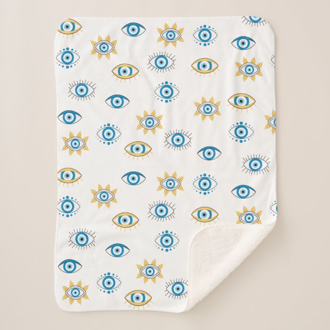 Blau-, Gold- und Weißgriechisch-Auge-Mati-Muster Sherpadecke (Vorderseite)