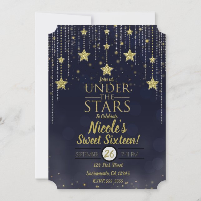 Blau & Gold unter den Sternen Starry Sweet 16 Einladung (Vorderseite)
