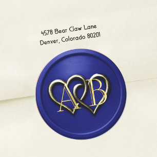 Blau Gold Zwei Herzen Gold Monogramm Runder Aufkleber
