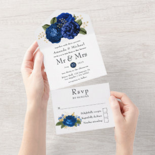 Blau-goldene Floral Hochzeit All In One Einladung