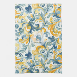 Blau-goldenes Paisley-Blattmuster Geschirrtuch