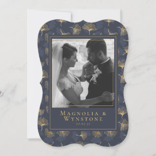 Blau Goldfolie Elegante Floral Foto Hochzeit Danke