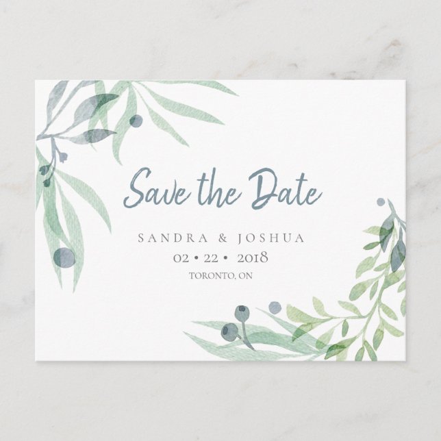 Blau-Grau und botanisch Save the Date Postkarte (Vorderseite)