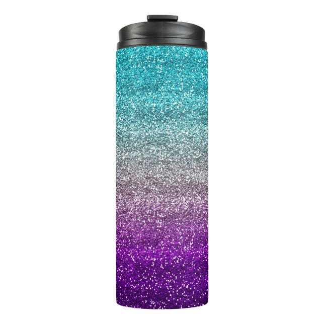 Blau, Grau und Lila strahlender Glitzer Thermosbecher (Vorderseite)