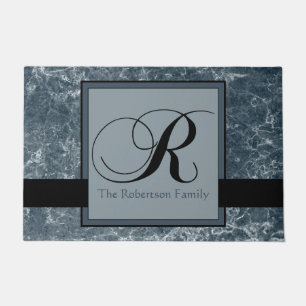 Blau-graues Marmormuster Schwarzes Monogramm R Nam Fußmatte