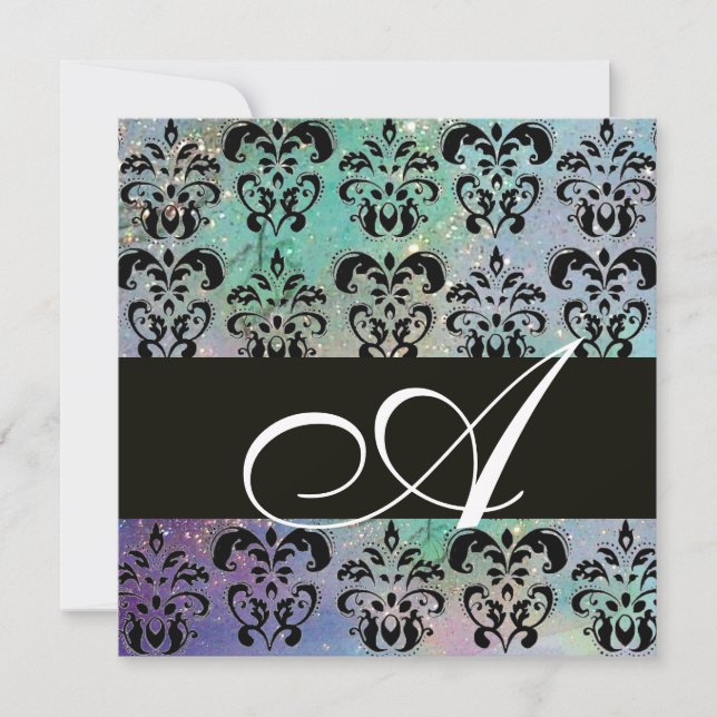 BLAU GREEN AQUAMARINES BLACK DAMASK MONOGRAMM, wei Einladung (Vorderseite)
