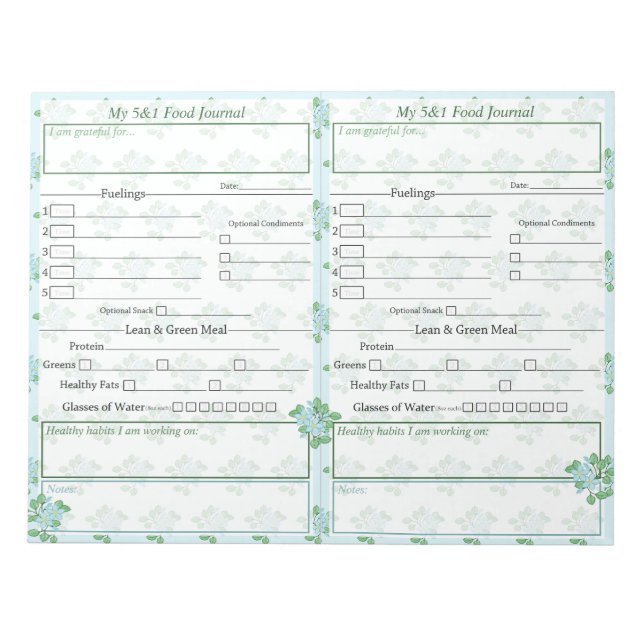 Blau | Green Floral 5 and 1 Food Journal Pages Notizblock (Vorderseite)