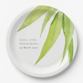 BLAU GREEN WATERCOLOR FOLIAGE OLIVENMONOGRAMM PAPPTELLER