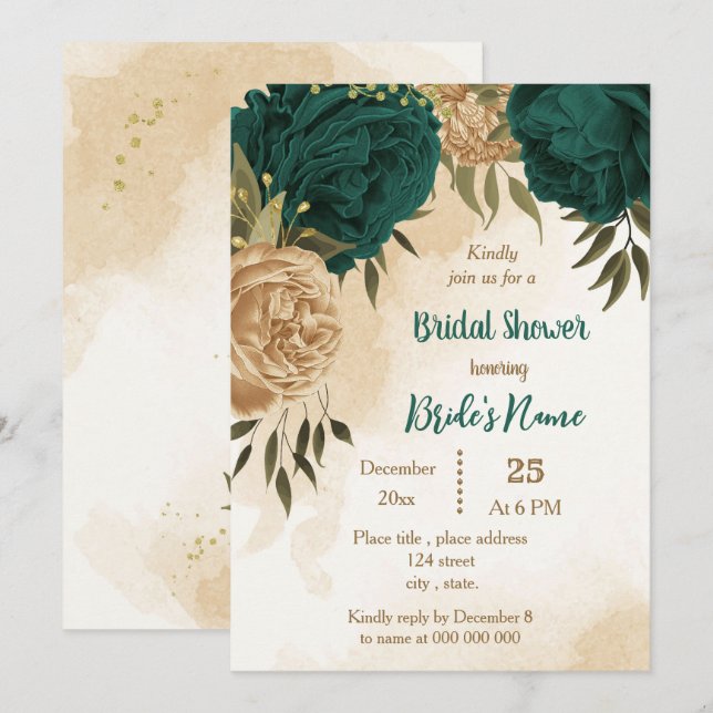 Blau-grün-beige-goldenes botanisches Brautparty Einladung (Vorne/Hinten)